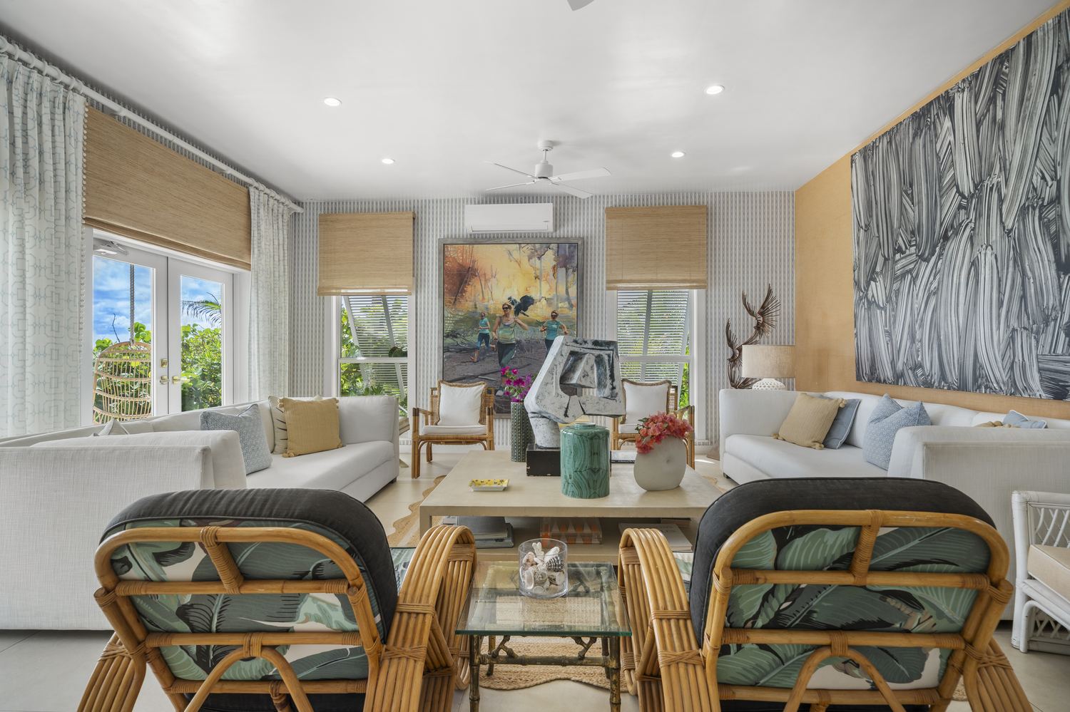 Main salon — designer furnishings & original art — Sea Siren, Harbour Island